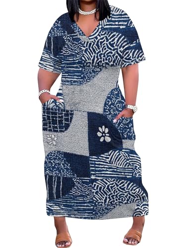 Image of SUZONANA Plus Size Denim Print Maxi Dresses for Women Casual V Neck Short Sleeve with Pockets Soft Jean Look Dress XL-6XL
