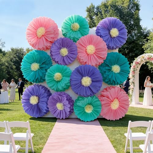 Image of Chunful 5 Pcs 30'' 24'' Gaint Colorful Paper Flower Boho Hanging Tissue Paper Flowers Wall Decoration Large Pink Blue Purple Large Crepe Flower for Baby Shower Wedding Birthday Classroom Bridal Shower