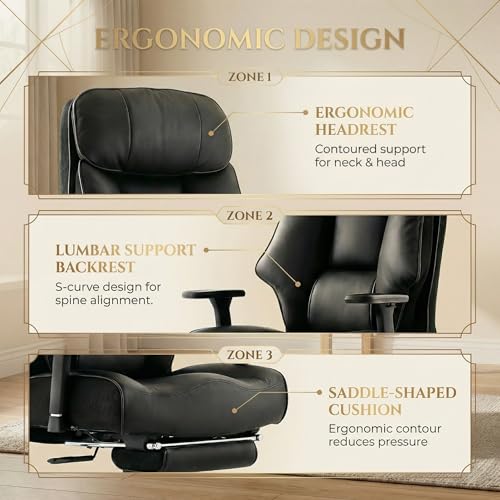 Image of EXCEBET Big and Tall Office Chair 500lbs - 22.4 inch Extra Wide Seat Ergonomic Executive Chair, Heavy Duty High Back Leather Office Chair with Footrest, Lumbar Support & Adjustable Arm (All Black)