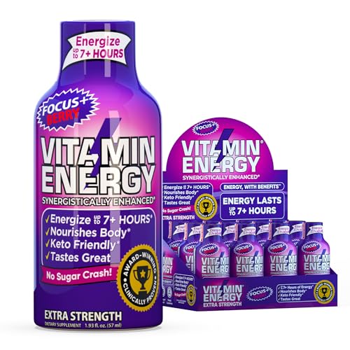 Image of Vitamin Energy Focus+ Extra Strength Energy Shot Berry 4 Pack, 260mg Natural Caffeine, B-Vitamins, CoQ10, Amino Acids, Focus, Productivity & Clarity, Zero Sugar, Gluten-Free, 1.93 fl oz