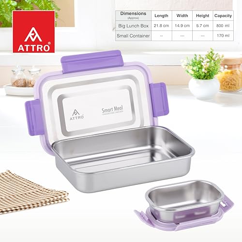 Image of ATTRO Smart Meal Medium Stainless Steel Lunch Box with 1 Small Container Airtight Spill-Proof BPA Free Food Grade Ideal for Office, School, Picnic- Violet-800ml+170ml