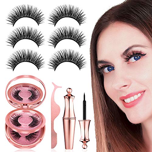 Magnetic Eyelashes with Eyeliner Kit, 【3 Pairs】Reusable Magnetic Eyelashes Full Eye, Come with Mirror and Tweezers, No Glue False Lashes, Easier To Use Than Traditional False Eyelashes
