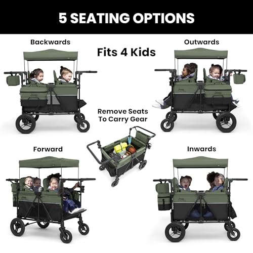 Image of Delta Children - Jeep Wrangler Deluxe 4 Seater Stroller Wagon - Premium Quad Stroller Wagon for 4 Kids with Convertible Seats, Adjustable Push /Pull Handles, Removable Canopy & Flat Fold, Black /Green