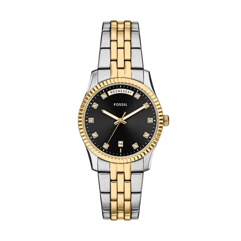 Fossil Scarlette Watch for Women, 34mm Quartz Three Hand Date Movement with Stainless Steel Strap,Gold Tone and Jet Black