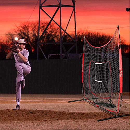 Mchom 7' X 7' Baseball & Softball Bundle | Hitting & Pitching Practice Net | Includes Tee, 3 Weighted Balls, Strike Zone & Carry Bag | Collapsible & Portable #TOP1