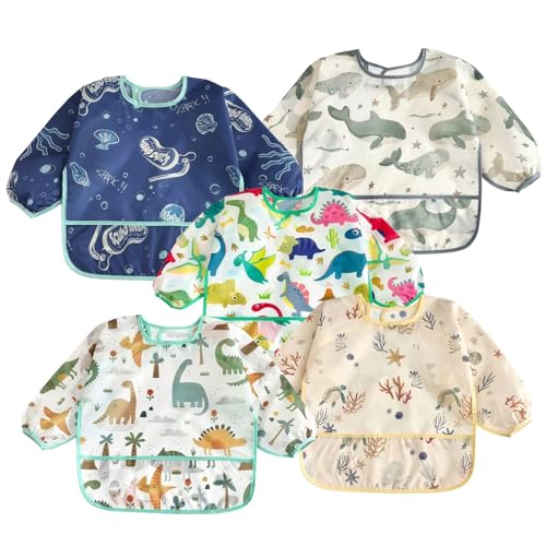 PandaEar 5 Pack Baby Long Sleeve Bibs| Waterproof Full Sleeve Bib for Baby Infant Toddler 6-36 Months (Blue)