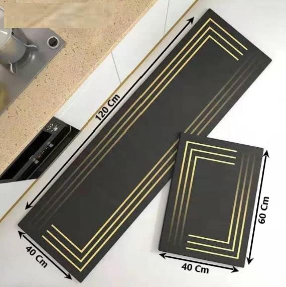 Image of HomeCloud Rubber Rectangular Kitchen Mats for Floor Set of 2 Pcs | Non-Skid, Soft Absorbent Rugs for Kitchen, Laundry, and Hallway | 120x40cm, 40x60cm| 4mm Thickness (Gold Linning Black)