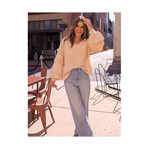 BTFBM-Womens-V-Neck-Long-Sleeve-Blouse-Loose-Fit-Tunics-Ruffles-Off-Shoulder-Waffle-Knit-Solid-Color-Tops-Fall-Tee-Shirts BTFBM Women’s V Neck Long Sleeve Blouse Loose Fit Tunics Ruffles Off Shoulder Waffle Knit Solid Color Tops Fall Tee Shirts(Solid Apricot,Small)