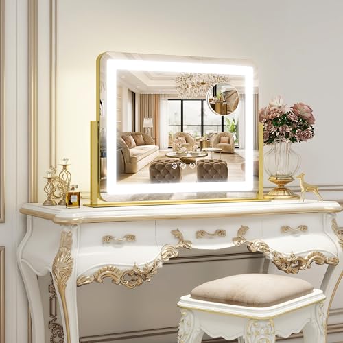 Image of ROLOVE Gold Vanity Mirror with Lights - Smart Touch Dimming, 3-Color Lighting, 360 Rotatable Desktop Makeup Mirror for Desk, 22 inchx17 inch