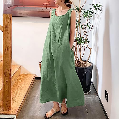 chouyatou Women's Summer Casual Sleeveless Cotton Sun Dress Maxi Tunic Tank Beach Dress with Pocket (Medium, Green) - Image 3