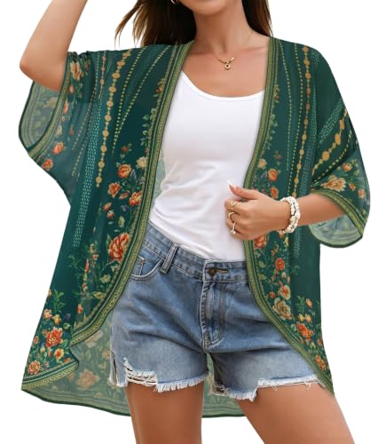 Image of CHICGAL Womens Floral Kimono Cardigan Beach Cover Up Casual Summer Tops | 2026 Puff Sleeve Open Front Chiffon Outfit,Hawaiian Shirt,Beach Vacation Swimwear, Plus Top,Boho ladies Blouse,Cruise Resort
