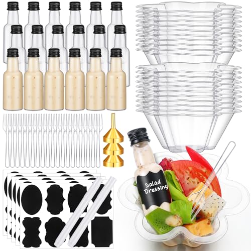 Honeydak 36 Set Salad Appetizer Cups Charcuterie Cups with Mini Dressing Bottles 8oz Square Plastic Serving Bowls Mini Forks Funnels Labels for Dinner Wedding Birthday (Flower)
