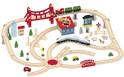 Leomark Holzeisenbahn - mit 130 Teilen - Spielzeug Eisenbahn, Kinder-Bahn Zug, Spiel-Set Holz, Konstruktionsspielzeug + Magnetwagen – Bild 4