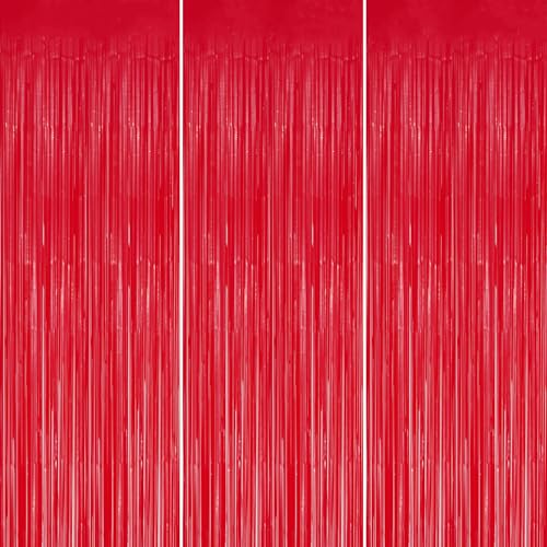 Image of DECOCKRAT 3 Pack Foil Fringe Backdrop - Pastel Red Shiny Tinsel Curtains for Party Decoration /Photo Booth Props - 3.3x8.2 FT Metallic Foil Backdrop for Birthday, Wedding, Graduation, Christmas.