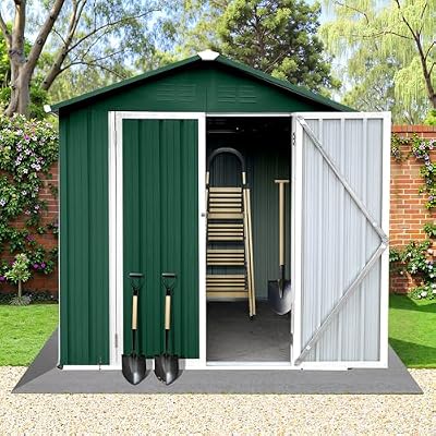 Lyngins 6x4 FT Outdoor Storage Shed, Metal Tool Shed with Lockable Doors, Peaked Roof & Frame Floor, Garden Shed with Vented Design for Backyard Garden Patio Lawn, Green+White