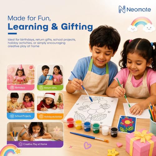 Image of Neomate Canvas Painting Kit for Kids | DIY Painting Set with 3 Printed Canvas, 6 Acrylic Paint Pots & Brush | Art and Craft Kit, Paint Kit for Kids, Birthday Gift, Return Gift, Creative Activity Set