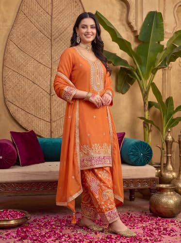 Image of INDO ERA Women's Silk Blend Embroidered Straight Kurta & Pant With Dupatta Set (IEOUT10592)