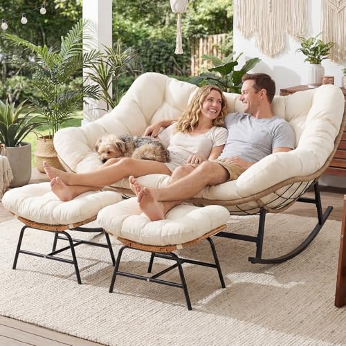 Image of NICESOUL Oversized Double Rocking Papasan Chair with Cushion, 2 Person Big Wicker Outdoor Comfy Recliner, Large Heavy Duty Loveseat for Patio, Balcony, Backyard