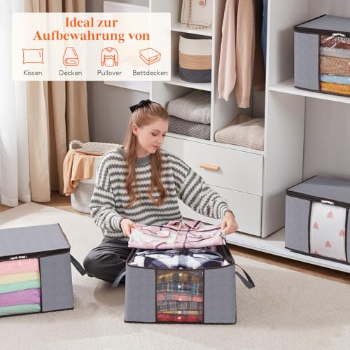 Lifewit 50L Aufbewahrungstasche Kleidung, Kisten Aufbewahrung mit Deckel Kleideraufbewahrung aufbewahrungsbox Kleiderschrank Organizer mit Verstärkt Griff für Kleider Bettzeug, 4 Stück, Hellgrau