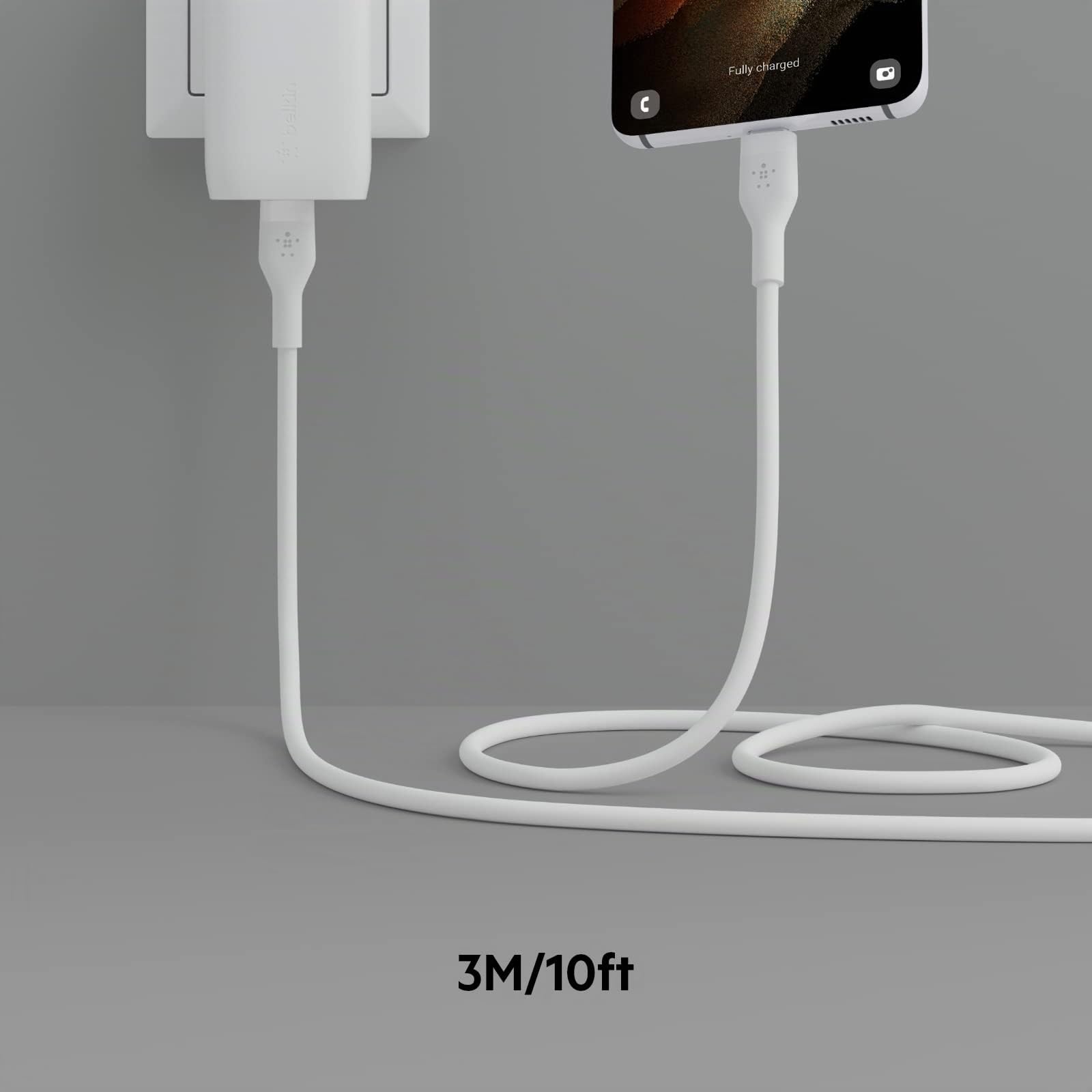 Belkin BoostCharge Flex câble USB-C vers USB-C en silicone, certifié USB-IF, recharge Power Delivery, câble USB C pour iPhone 16, iPhone 15, MacBook, iPad Pro, Galaxy S24, Google Pixel, 3 m, blanc