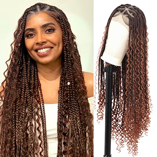 Olymei 36 Inches Full Double Lace Front Triangle Knotless Box Braided Wigs With Boho Curls Box Braids Wig With Baby Hair For Women Brown Synthetic Lace Frontal Braid Wigs(Curly) #TOP3