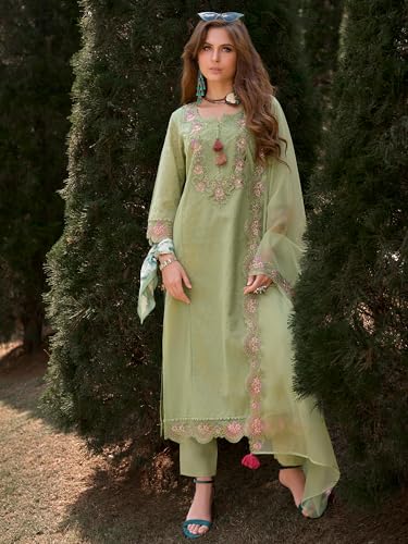Image of INDO ERA Women's Pure Cotton Floral Embroidered Straight Kurta & Pant with Dupatta Set | Cotton Kurta Set For Woman