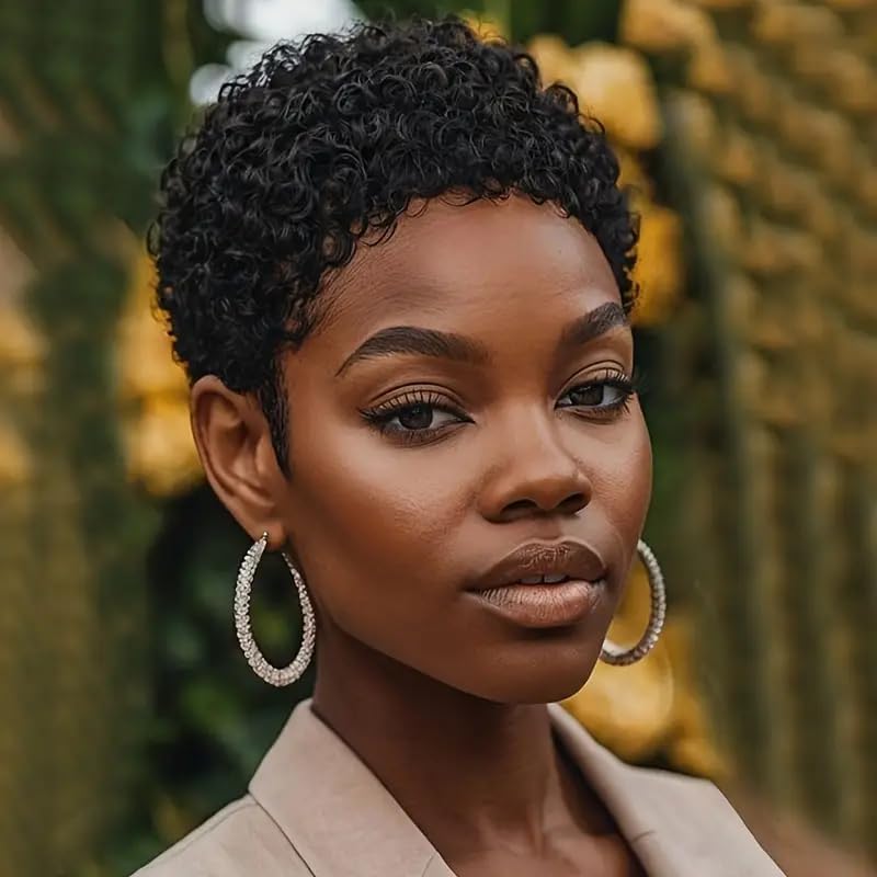 Fereowth Short Afro Curly Wig Short Curly Human Hair Wigs for Black Women Pixie Cut Curly Wigs Natural Black