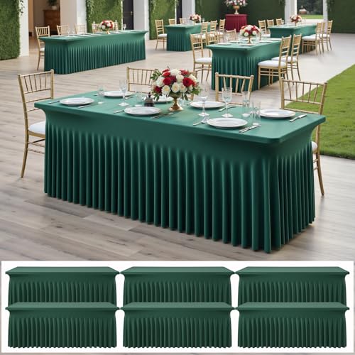 Image of 6 pk Hunter Green Spandex Tablecloth 8ft With Ruffle Table Skirt, Wrinkle Free Stretchy Fitted Tablecloths for 8 Foot Rectangle Tables, Elastic Spandex Table Covers for Weddings Parties Banquet Craft
