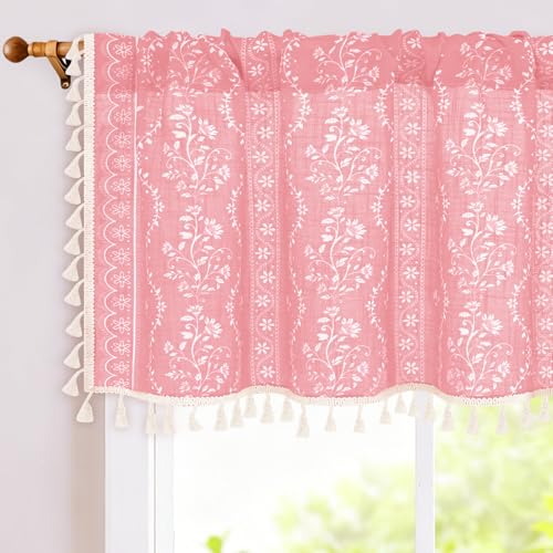 Image of Yinhua Boho Valance Curtains Vintage Linen Pink Kitchen Valances for Windows Light Filtering Bohemian Floral Valance Rod Pocket Farmhouse Tassel Window Valances for Bathroom Cafe, 52 inch W X 18 inch L