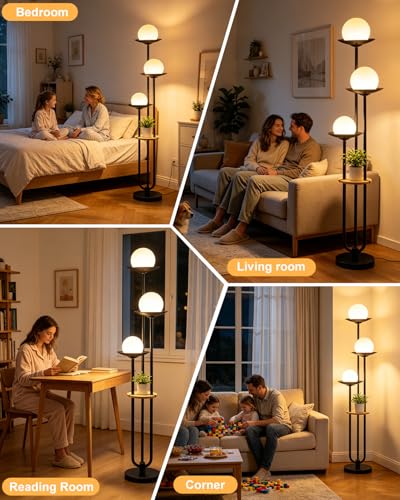 Image of 3-Globe Floor Lamp with Table, 63IN Mid Century Modern Floor Lamps Dimmable with 3000K Warm White Bulbs for Wedding /Party, Black Tall Standing Lamp for Living Room /Bedroom /Home Office