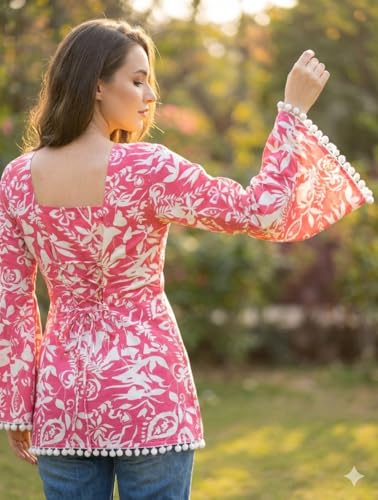 Image of Women's Premium Viscose Rayon Floral Printed Short Kurti | Stylish Bell Sleeves with Pom-Pom Lace | Teal Blue Tunic Top for Jeans & Office Wear