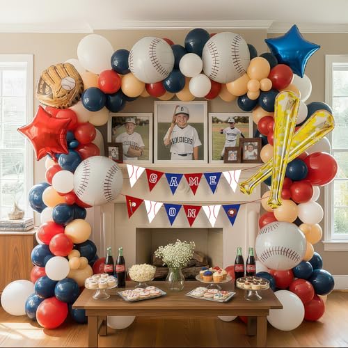 Baseball Birthday Party Decorations & with Red White Blue Nude balloon arch & Baseball Bat Gloves stars Foil balloons for Kids Fans Game Day sports Themed Rookie of the Year Party Decor Supplies