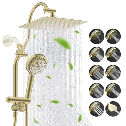 Image of Hibbent High Pressue All Metal 10 inch Rainfall Shower Head, Handheld 10-Spray | cUPC Certified Brushed Gold Dual Showerhead Combo, 4-way Diverter with Pause Mode, Brass Extension Arm, 71'' Hose & Holder