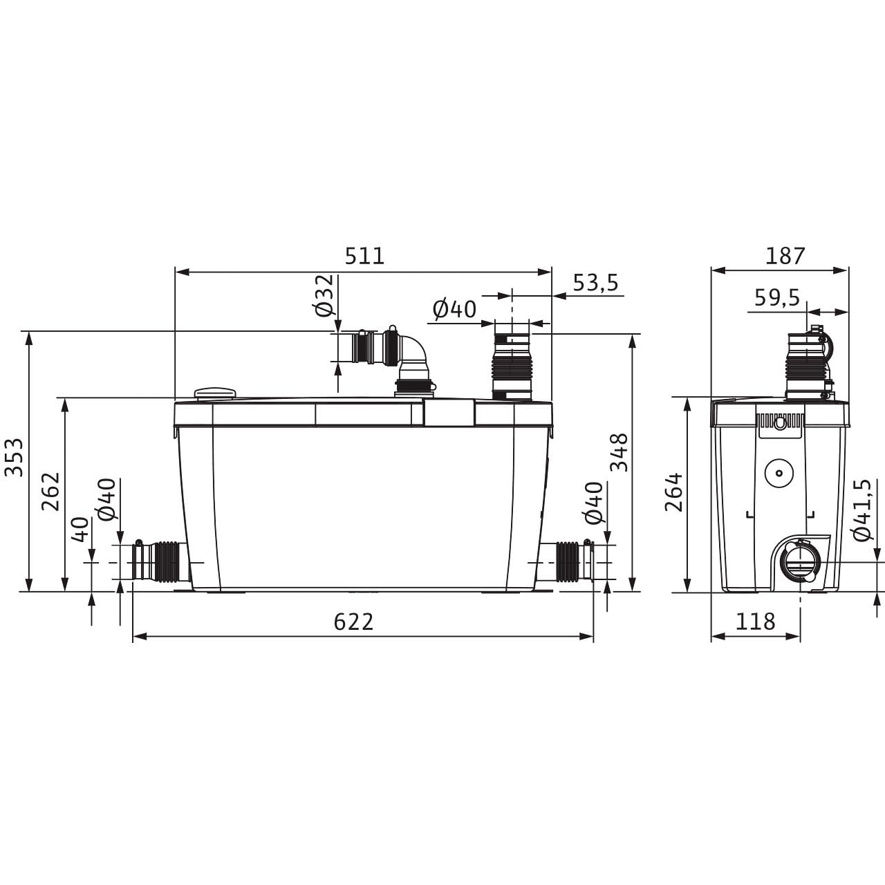 Wilo -iDrainlift 3-37, sistema di sollevamento delle acque reflue compatto per acqua sporca senza feci per il drenaggio di docce, lavatrici, lavastoviglie e lavandino, 3 porte, 6100l/h, 0, 8 bar, 400