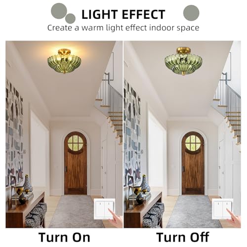 Image of Semi Flush Mount Ceiling Light, Gold Vintage Hallway Light Fixture with Green Glass 11.8 Inch, Close to Ceiling Light for Hallway Living Room Bedroom Kitchen Bathroom Foyer, E26 Base