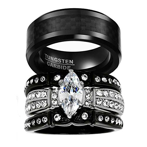 His and Hers Wedding Ring Sets Couples Matching Rings Black Women's Black Cubic Zirconia Wedding Engagement Ring Bridal Sets & Men's Tungsten Carbide Wedding Band