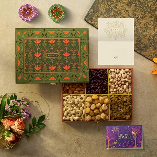 Image of ANAND Diwali Dry Fruits Diwali Gift Pack with Diya Assorted Dryfruits Premium Almonds, Pistachio, Cashew Nuts, Raisins, Figs, Apricots - 75g Each Gift for Family and Friends (450 gram)