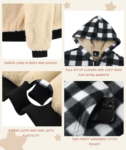 Image of V VALANCH Boys Flannel Jacket Hooded Fleece Lined Zip-up Hoodies Plaid Coat for Kids