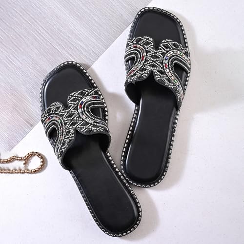 Image of Centrino Women's Beaded Flat Sandals | Stylish Gold Crystal Slip-On with Ornate Cutout Design | Soft Cushioned Footbed |Elegant & Trendy Open Toe Slip-On | Luxury Footwear for Wedding /Party (9301)