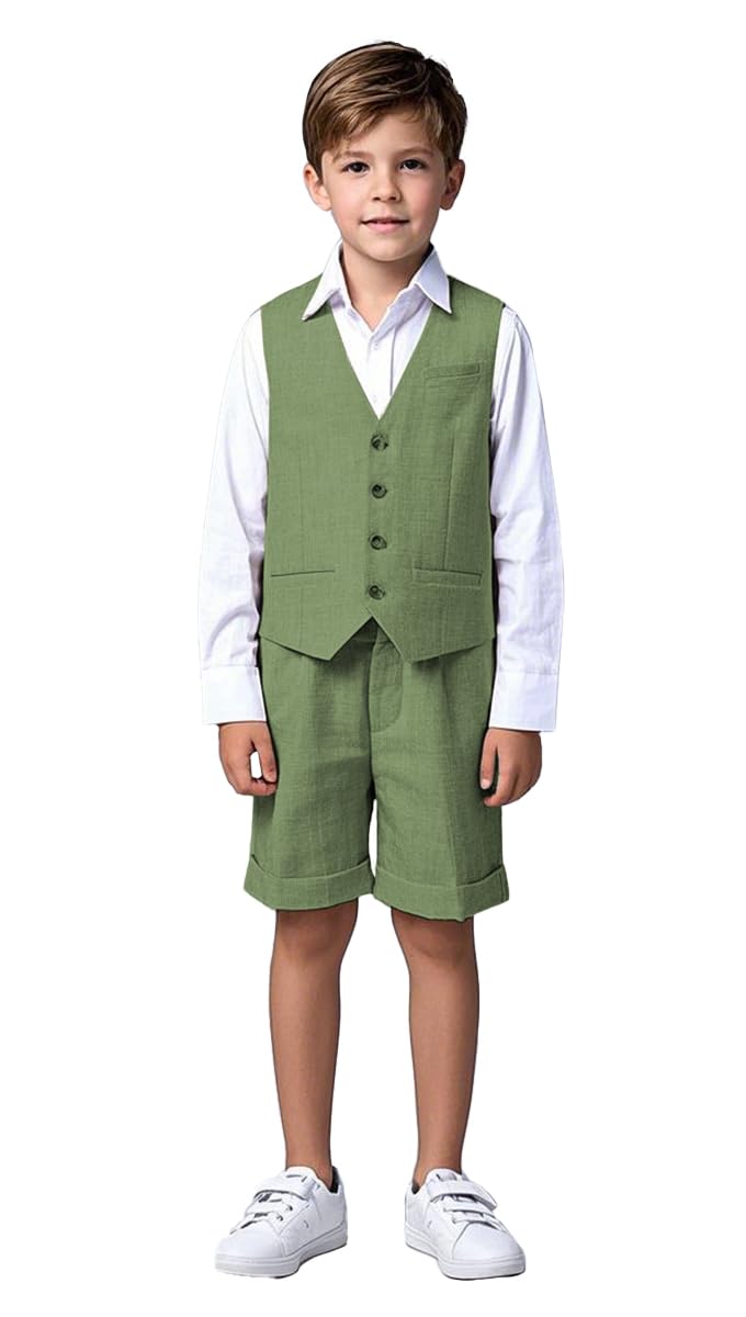 Traje de lino de 2 piezas para niños, chaleco y pantalones cortos, verano, playa, boda, esmoquin, traje formal para portador de anillos, verde oscuro, 16 años