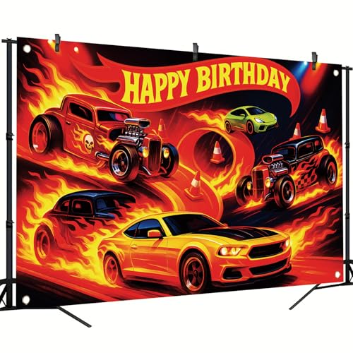 Image of Racing Car Birthday Backdrop Banner - High-Speed Fire & Speed Themed Party Decoration, Sleek Racing Cars Photo Booth Background, 71x43 Inch for Birthday Celebrations