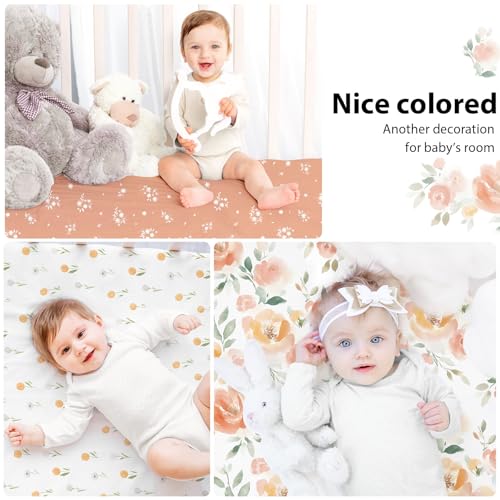 Baby Crib Sheets Girl, 3 Pack Toddler Bed Sheets for 52”x28” Standard Toddler Mattresses, Soft Microfiber Fitted Crib Sheets Neutral Orange Watercolor Flower