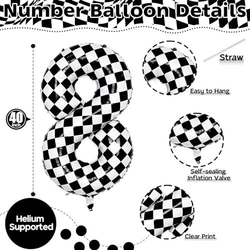 Image of Foil 8th Birthday Number Balloon, Large Checkered Helium 8 Racing Balloons Decor, 40 Inch Self Inflating Black and White Number 8 Balloons for Boys Birthday Race Car Flag Party Decorations Supplies