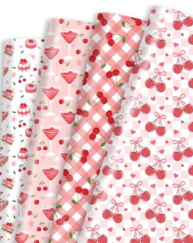 Pineraap 12 hojas de papel de regalo de cereza, papel de regalo de frutas, arte decorativo de cumpleaños, papel de regalo de cereza, papel de regalo para cumpleaños, fiesta, baby shower, 20 x 28