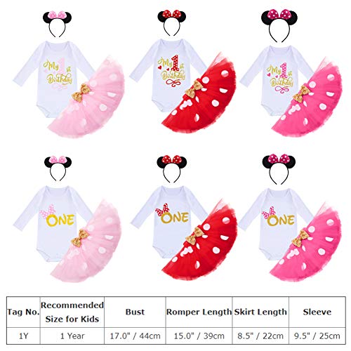 Babypakje voor kleine meisjes, 1/2/3e verjaardag, Minnie outfit, katoen, lange mouwen, rompertje + prinses polka dots tule tutu + muis oor hoofdband, 3-delige kledingset rekwisieten kostuum voor fotoshoot, Hot Pink-My 1st Birthday, 12 Maanden - Image 8