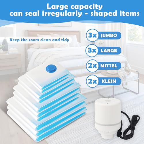 10 PCS Vakuumbeutel für mit Elektrischer Luftpumpe, Aufbewahrungsbeutel, Vakuumbeutel Kleidung, Reise Vakuum Wiederverwendbar Kleiderbeutel für Reisen Umzug Kleidung Bettdecken Aufbewahrung