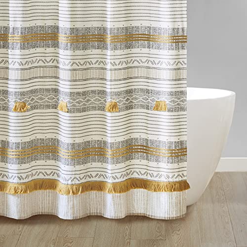 Image of Ink+Ivy Cody 100% Cotton Shower Curtain, Boho Chic Printed Striped with Tassel Pompom, Fringes Trim, Modern Bathroom Decor, Machine Washable 72 inch x 72 inch Grey /Yellow