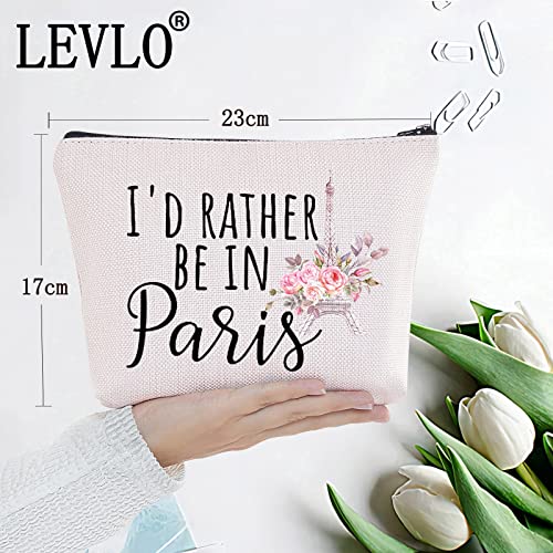 LEVLO Eiffel Tower Cosmetic Make Up Bag - Travelers Gift - 'I'd Rather Be In Paris' - Blue - Canvas - Zipper Pouch - 9.05" x 6.69" x 14.56"2