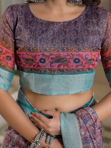 Image of Satrani Women's Linen Printed & Embroidery Ready To Wear Saree with Unstitched Blouse Piece