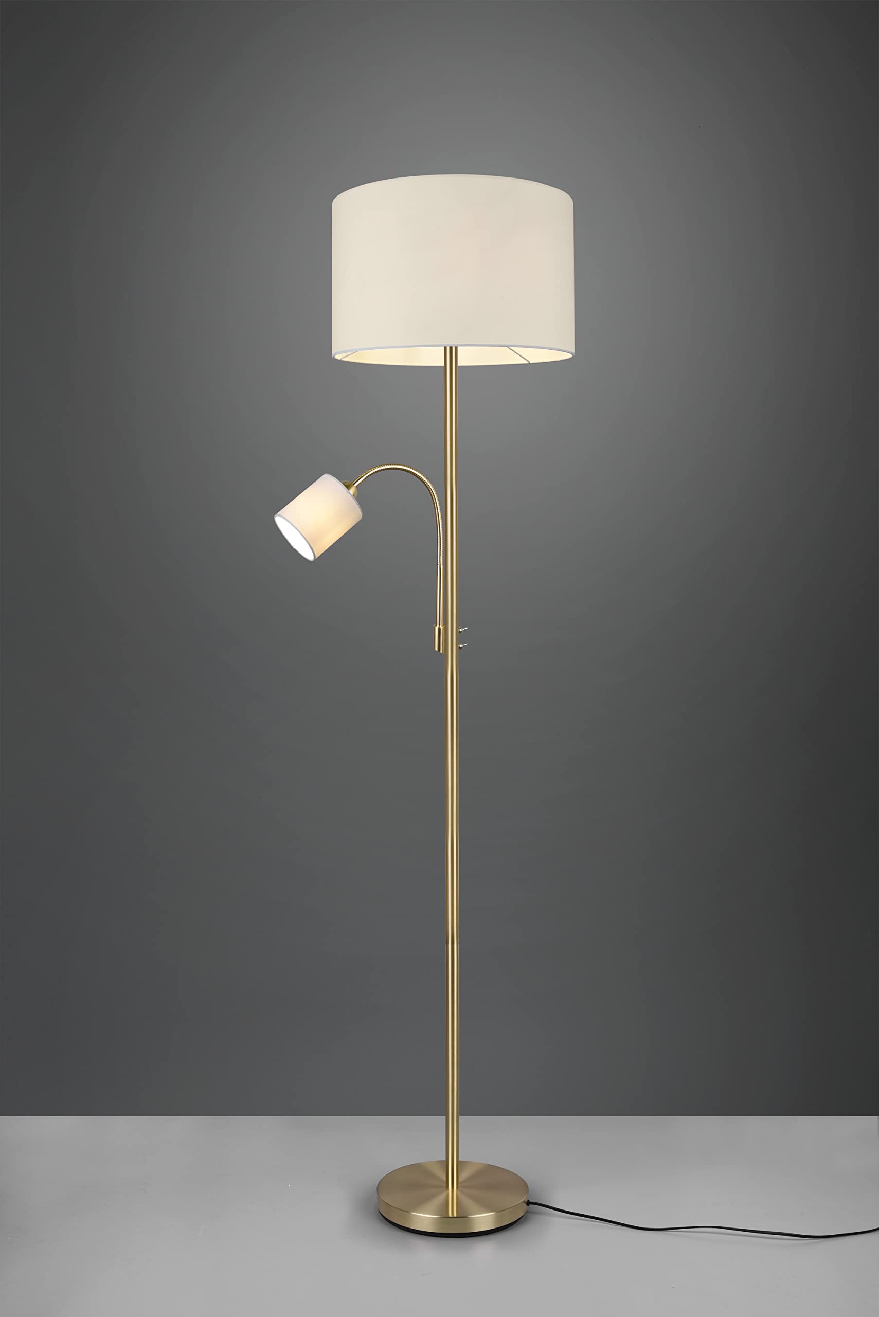 Trio Leuchten Lampa stojąca Hotel 403900208, metal mosiądz matowy, abażur z tkaniny kremowo-biały, bez żarówki 1 x E27 i 1 x E14, z przełącznikiem nożnym, przełączany oddzielnie